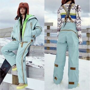 Free People FP Snowboard Ski Pants Bibs Zephyr Shell Mint Tan Snow XS